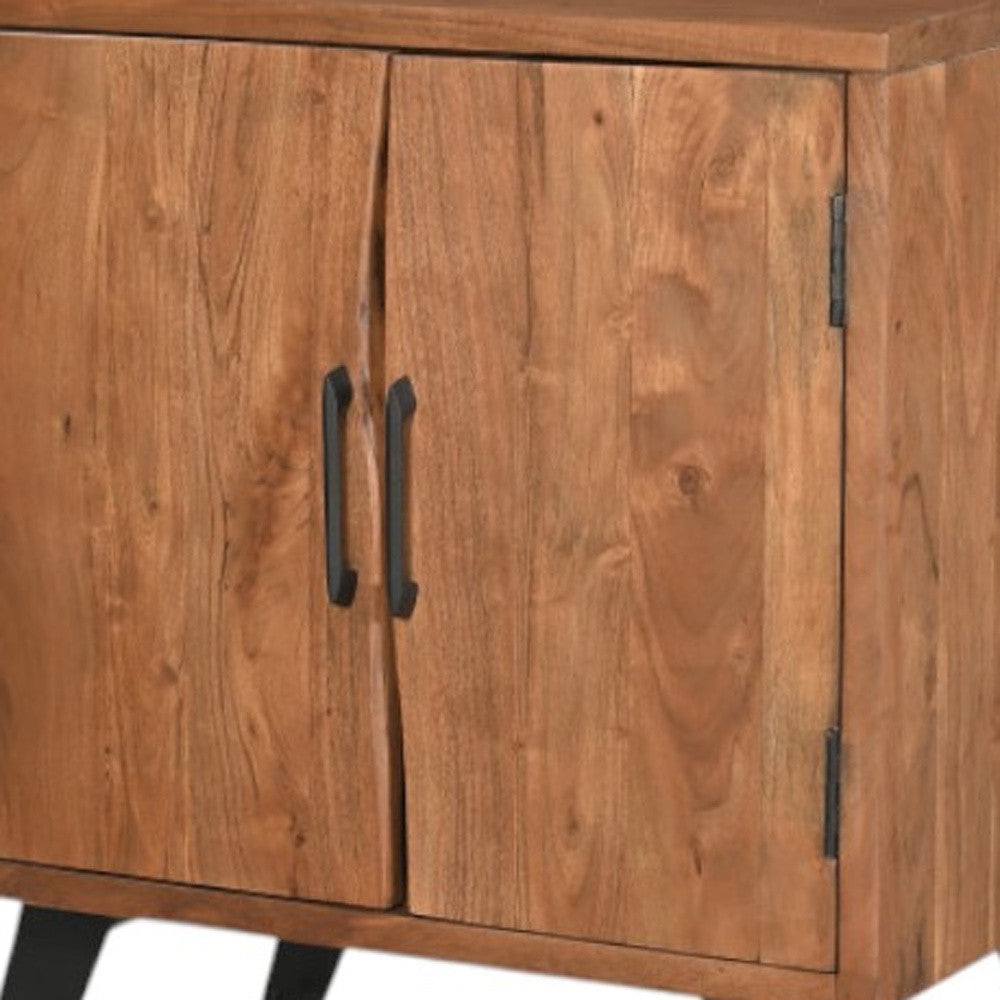 Brown wood nightstand with two vertical-bar handles on cabinet doors