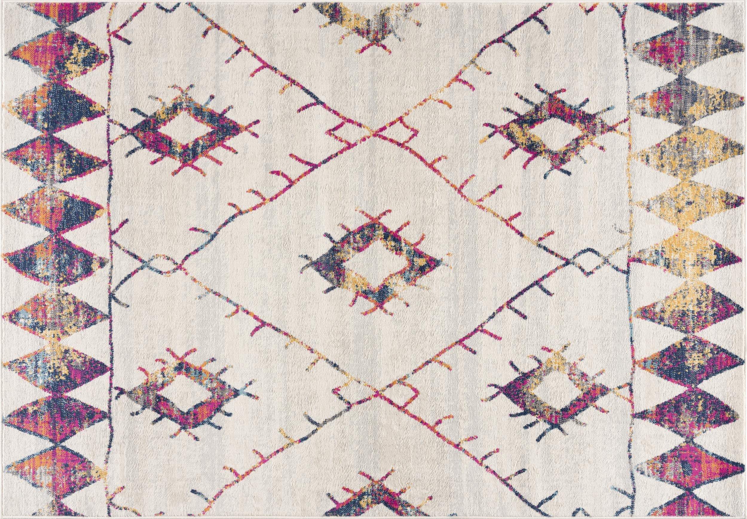 Colorful geometric patterned area rug in cream, featuring pink, blue, and gold accents, perfect for bohemian decor.