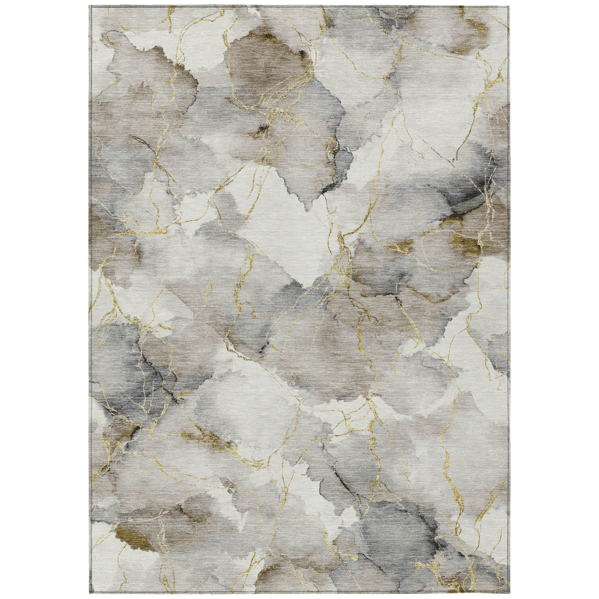 Gray abstract area rug with gold accents, made of soft synthetic fibers, enhances modern interior decor.