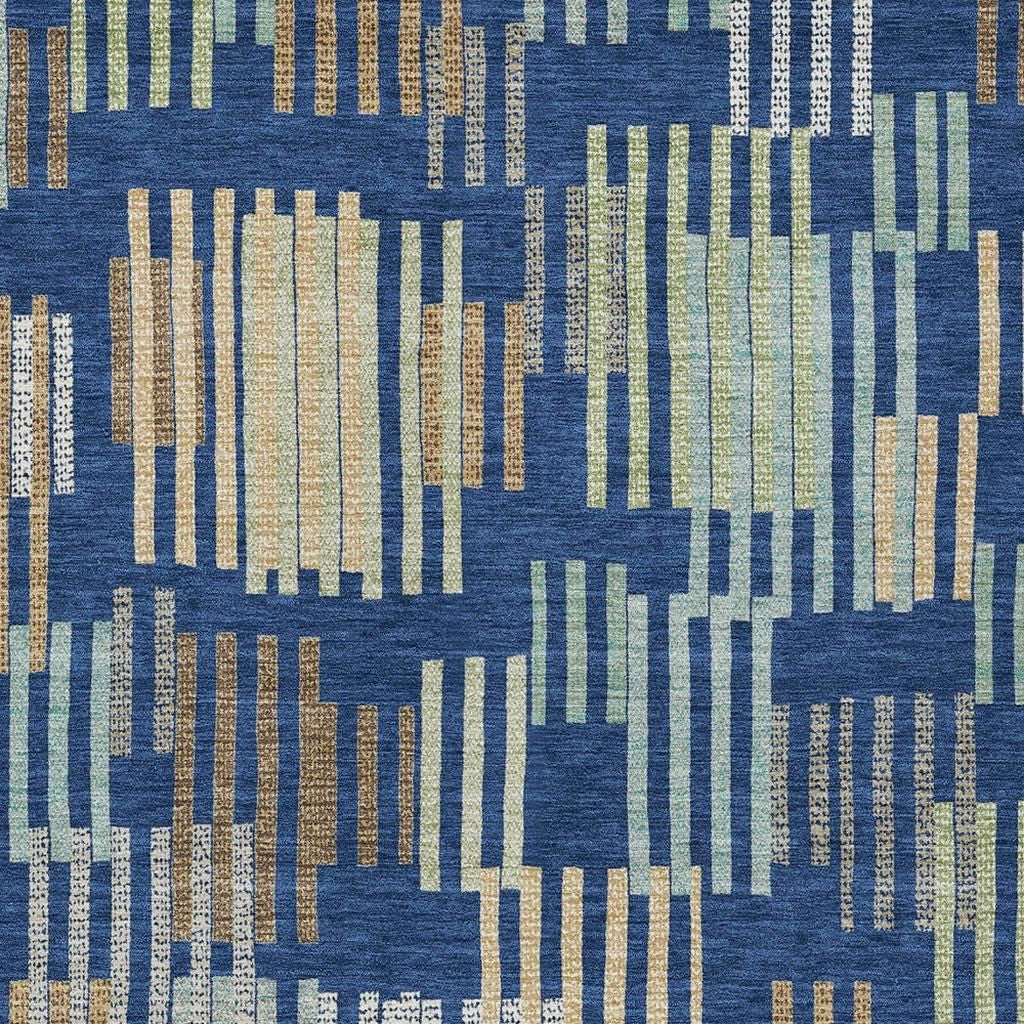 Multicolor striped textured fabric in blue, beige, and green, perfect for modern upholstery or home decor projects.