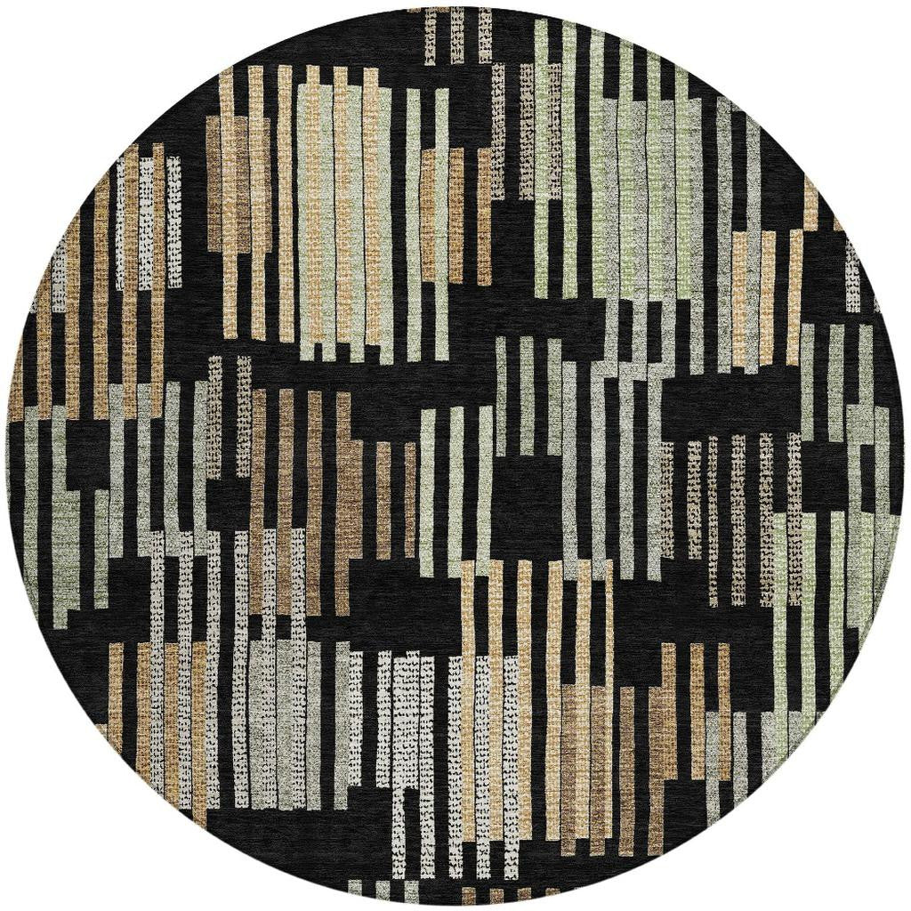 8' Black And Beige Round Striped Washable Indoor Outdoor Area Rug - Sports & Outdoor