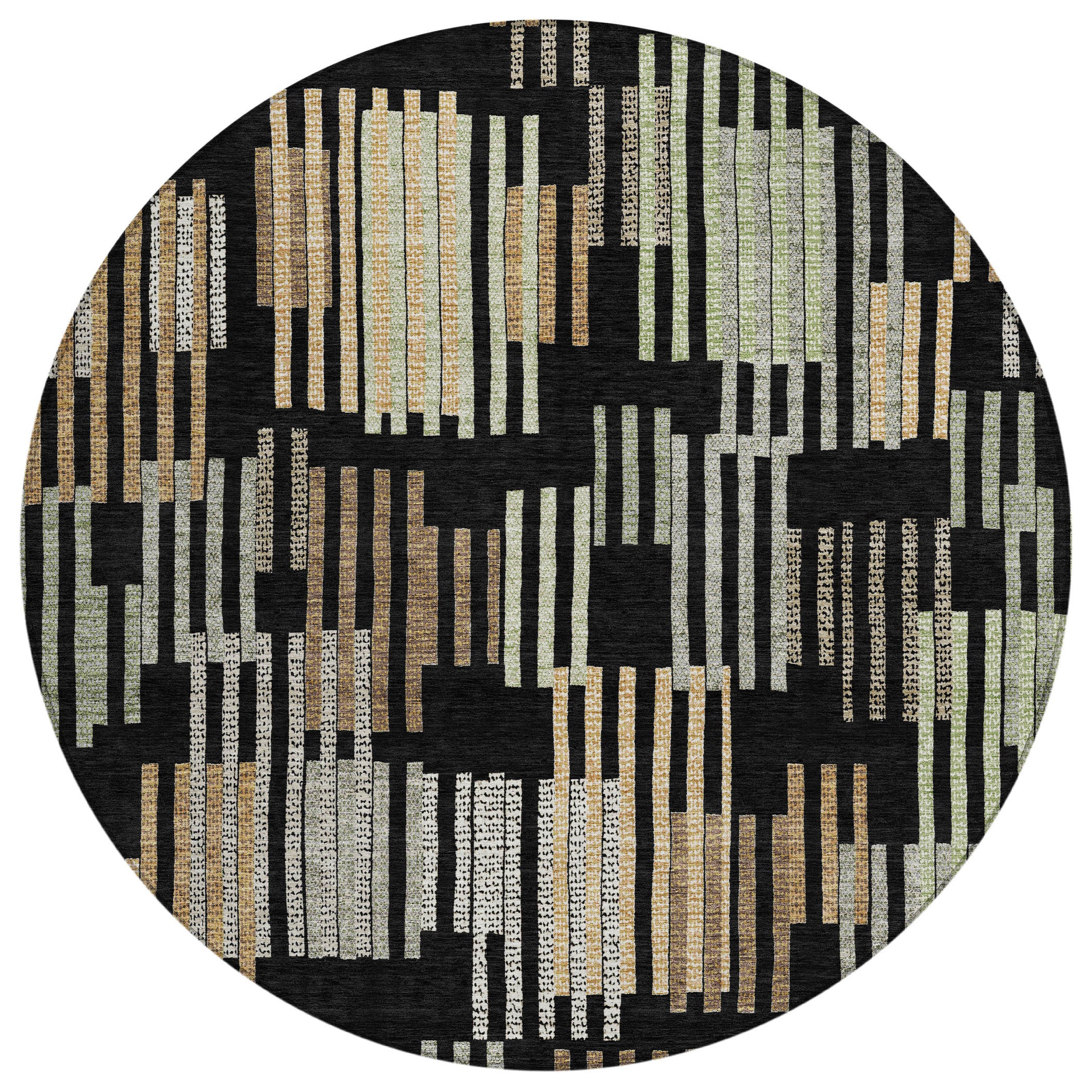 8' Black And Beige Round Striped Washable Indoor Outdoor Area Rug - Sports & Outdoor