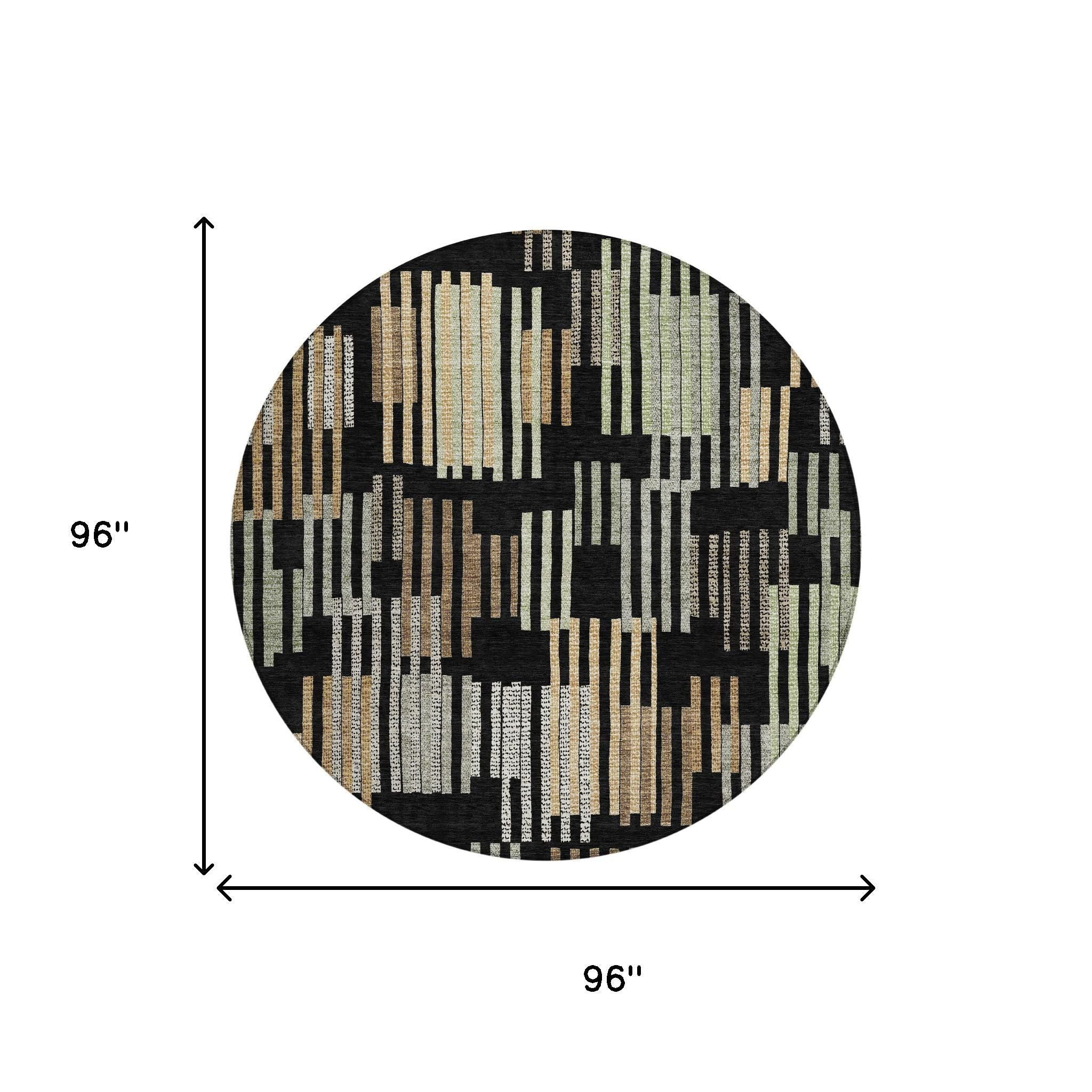 8' Black And Beige Round Striped Washable Indoor Outdoor Area Rug - Sports & Outdoor
