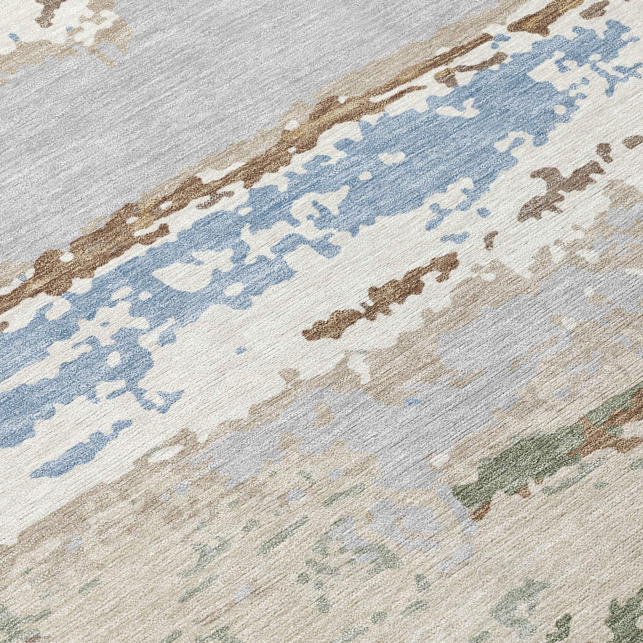 Abstract area rug in soft beige, blue, and green tones, featuring a textured design for modern home decor.