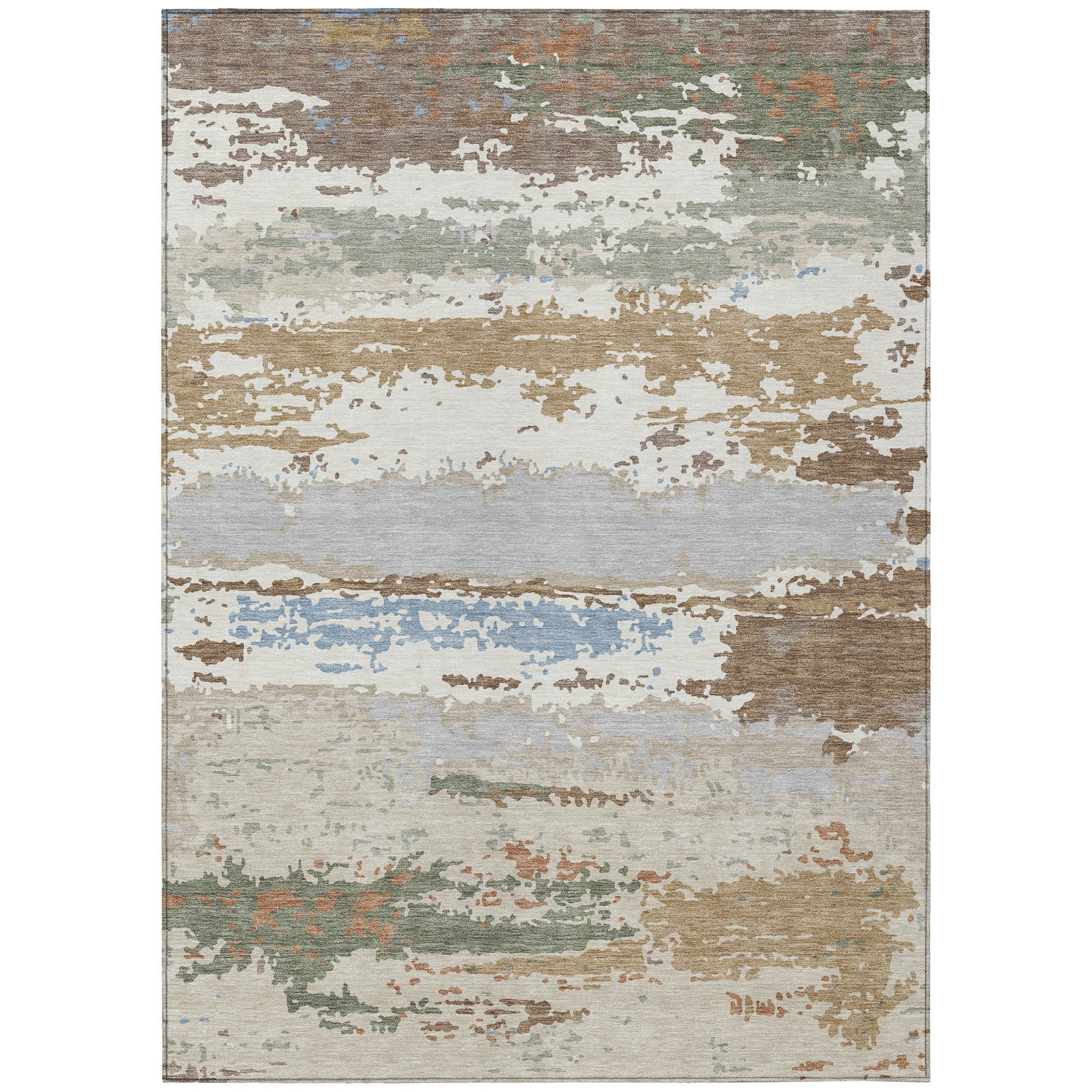 Abstract multicolored area rug in beige, green, blue, and brown tones, woven from durable synthetic fibers.