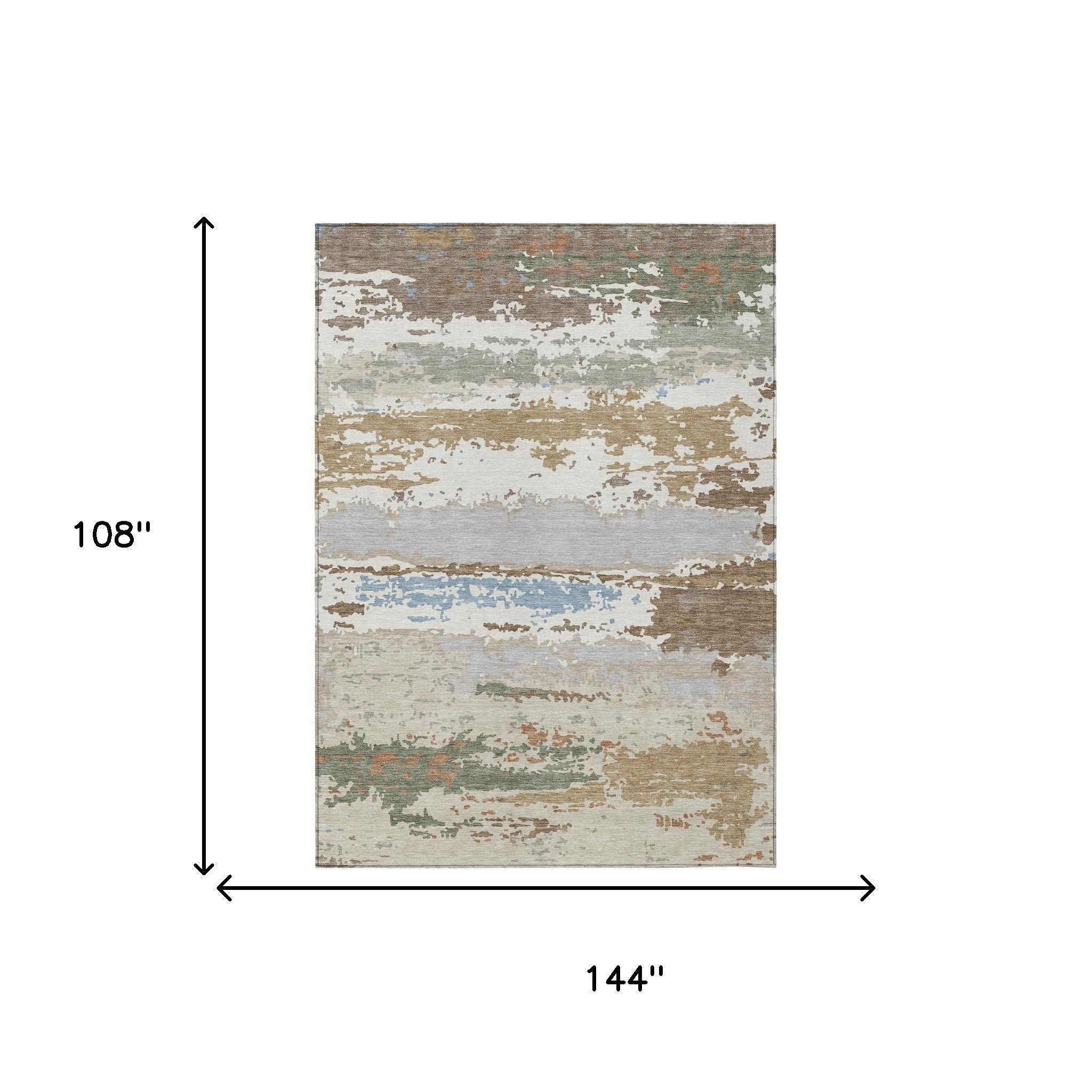 Multicolor abstract area rug, soft wool blend, dimensions 12' x 9', featuring earthy tones and a textured finish.