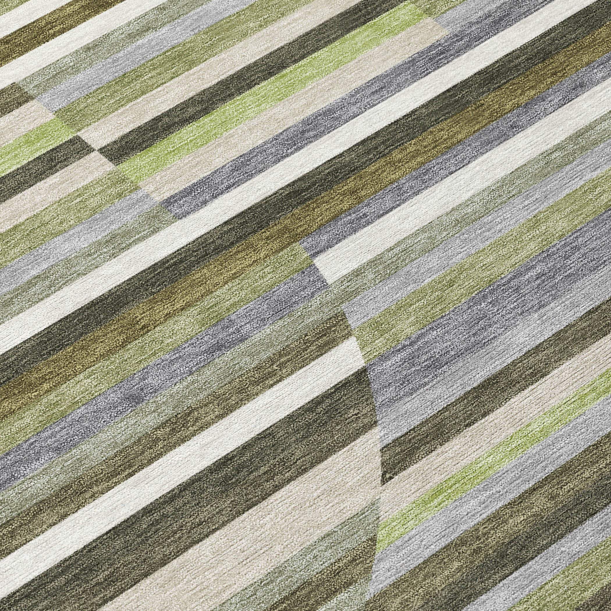 Green and gray striped area rug with a textured weave, perfect for modern home decor.