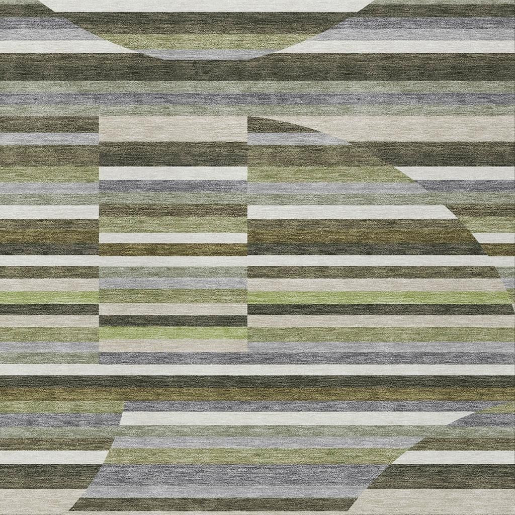 Multicolored area rug in green, gray, and beige, featuring geometric stripes and a modern design.