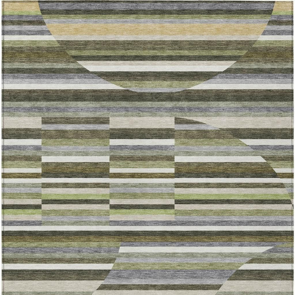 Multicolored abstract area rug with green, gray, and gold stripes in contemporary geometric design.