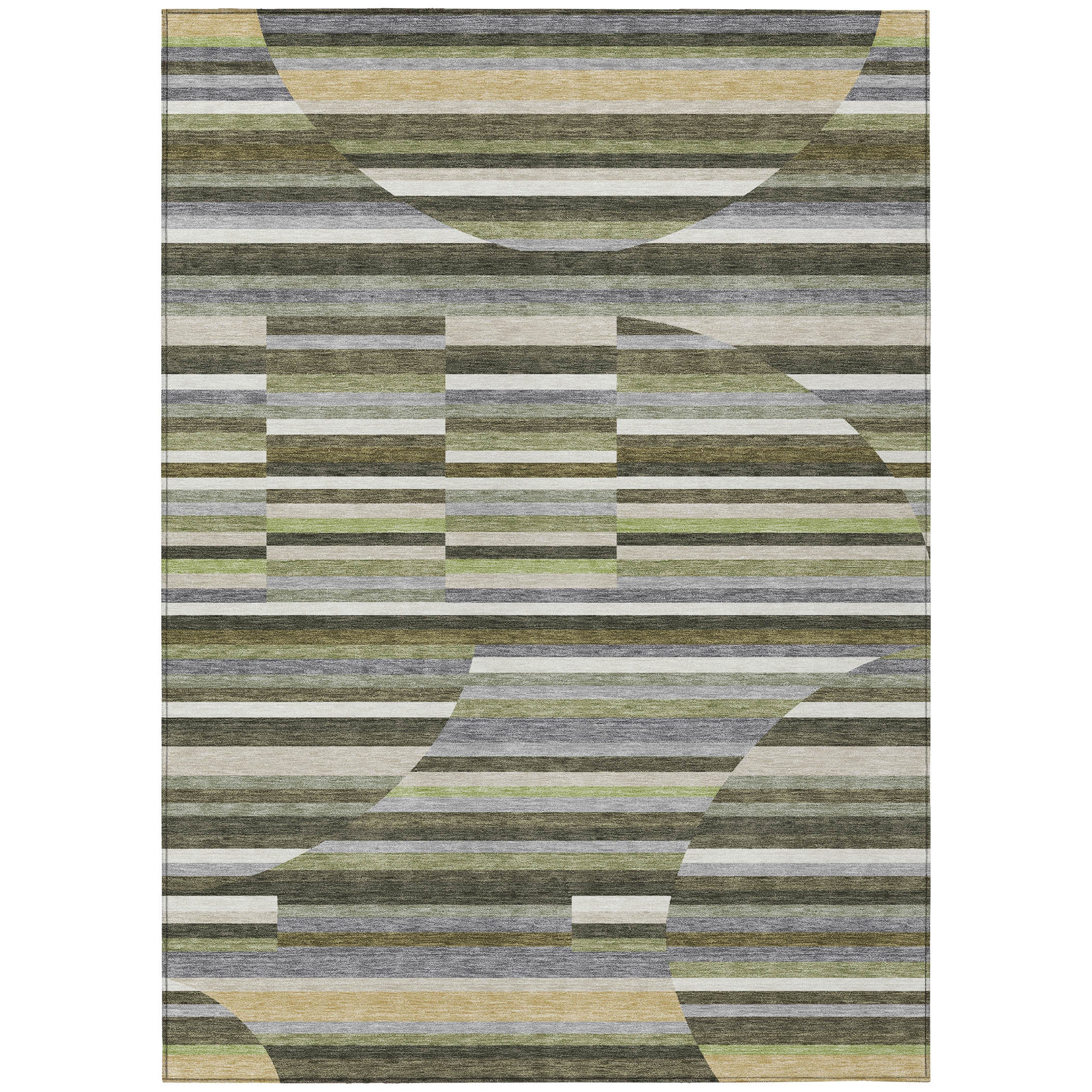 Multicolored striped area rug in green, gray, and yellow, featuring geometric shapes and a modern design style.