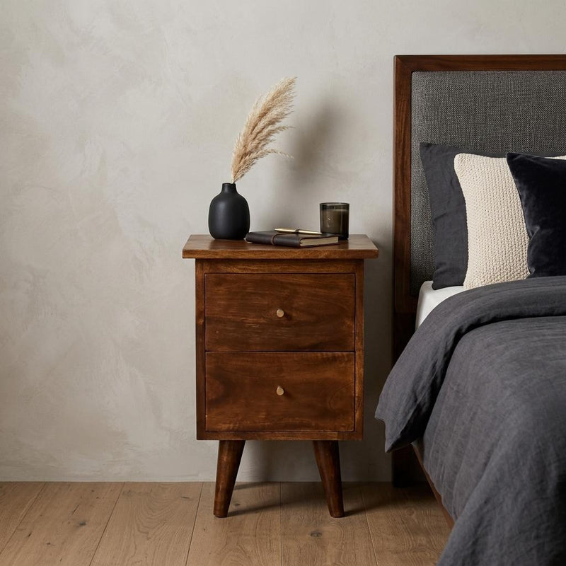 Chestnut solid wood nightstand with two drawers and tapered legs