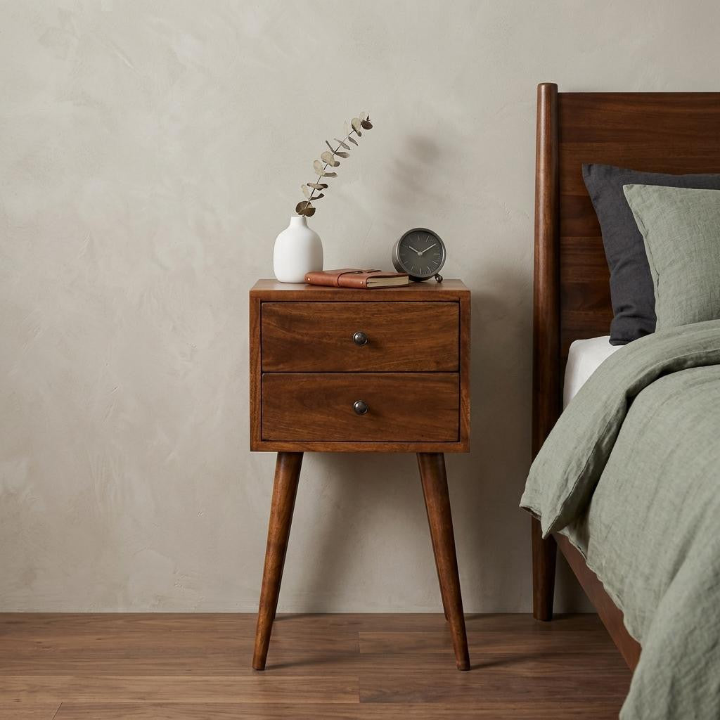 Chestnut two-drawer nightstand with round metal knobs and tapered legs