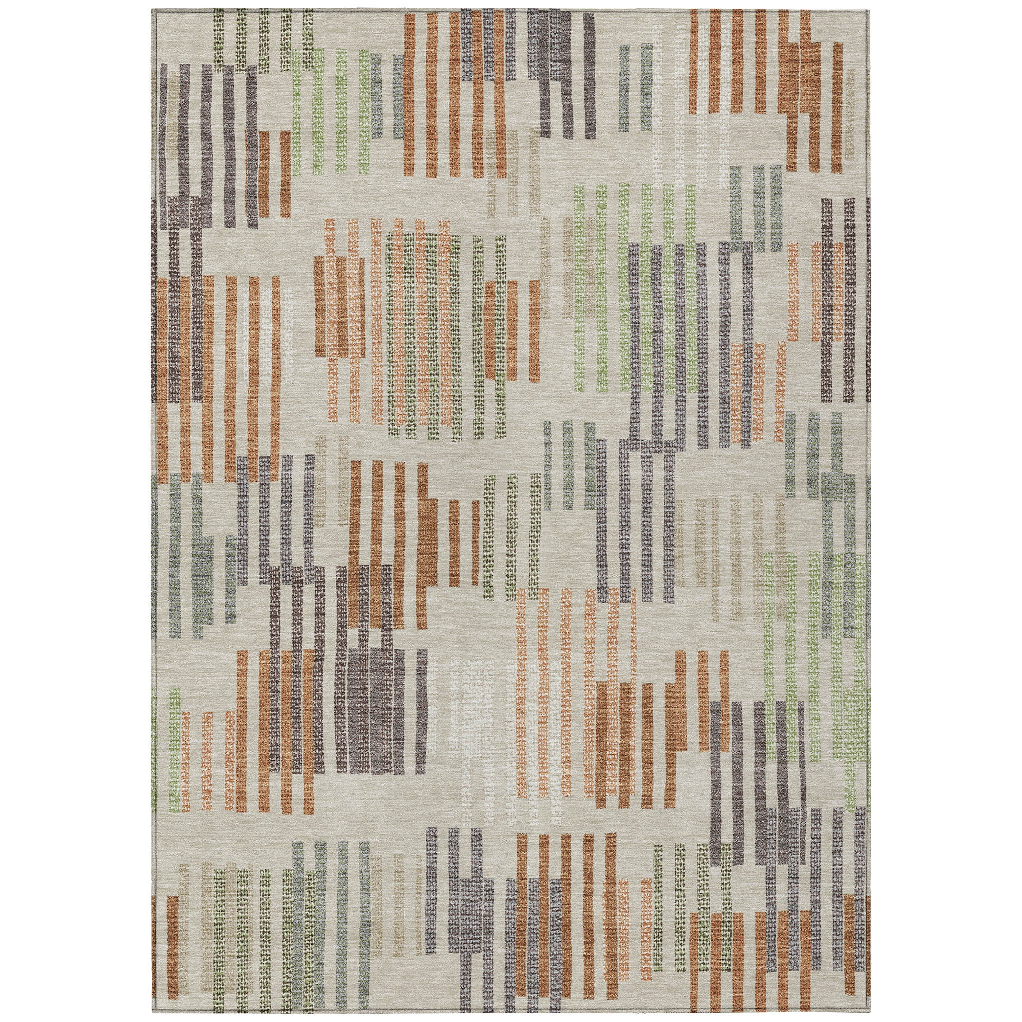 Multicolor abstract area rug with brown, green, and orange stripes on a beige background, made of soft synthetic fibers.