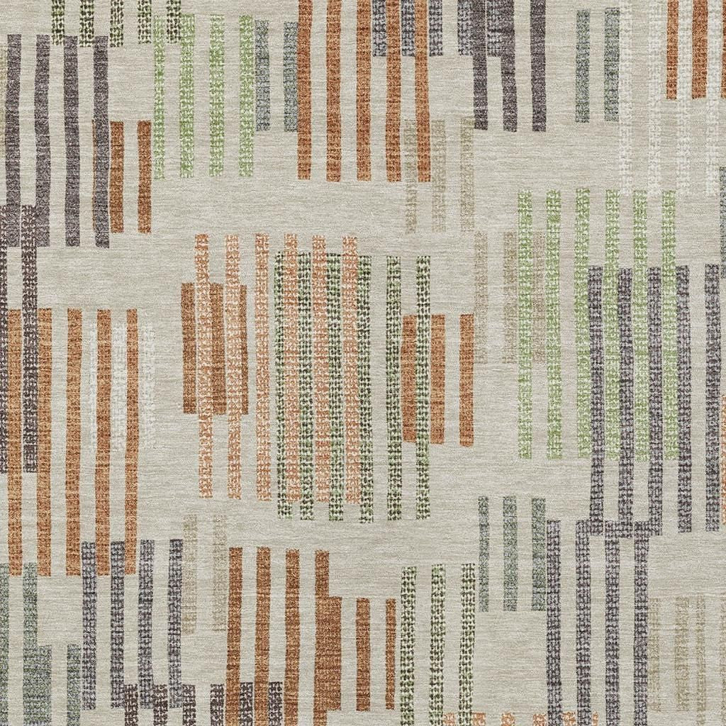 Textured area rug with multi-colored stripes in earthy tones of brown, green, and gray, on a light beige background.