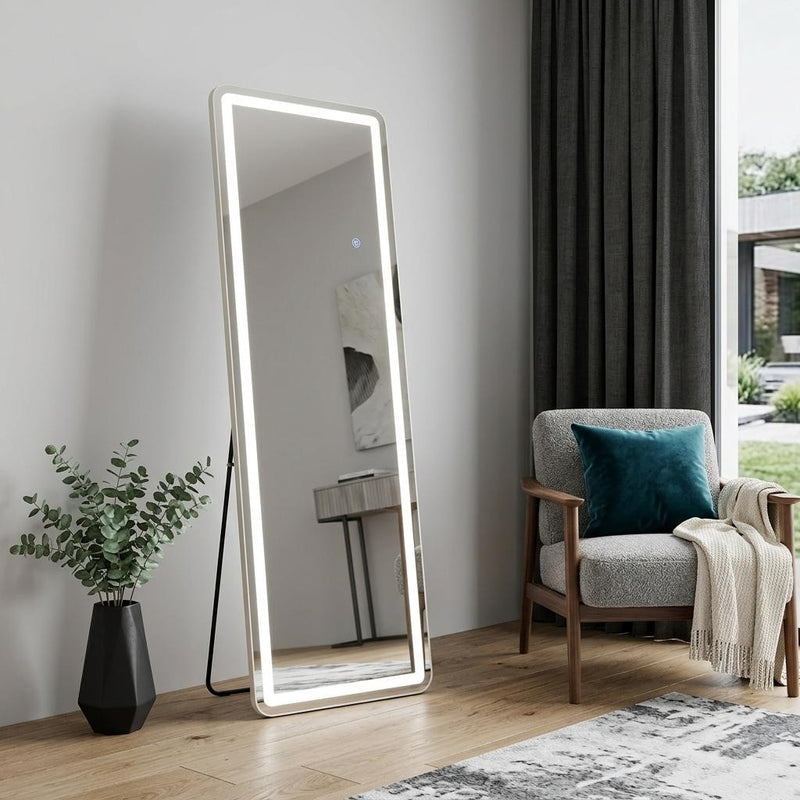 Full-length standing LED mirror with slim silver frame, bright edge lighting