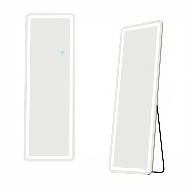 Two-position full-length LED mirror, slim silver frame with illuminated border