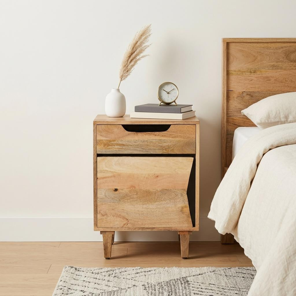 Natural solid wood nightstand with one drawer and black pull, styled near a bed.