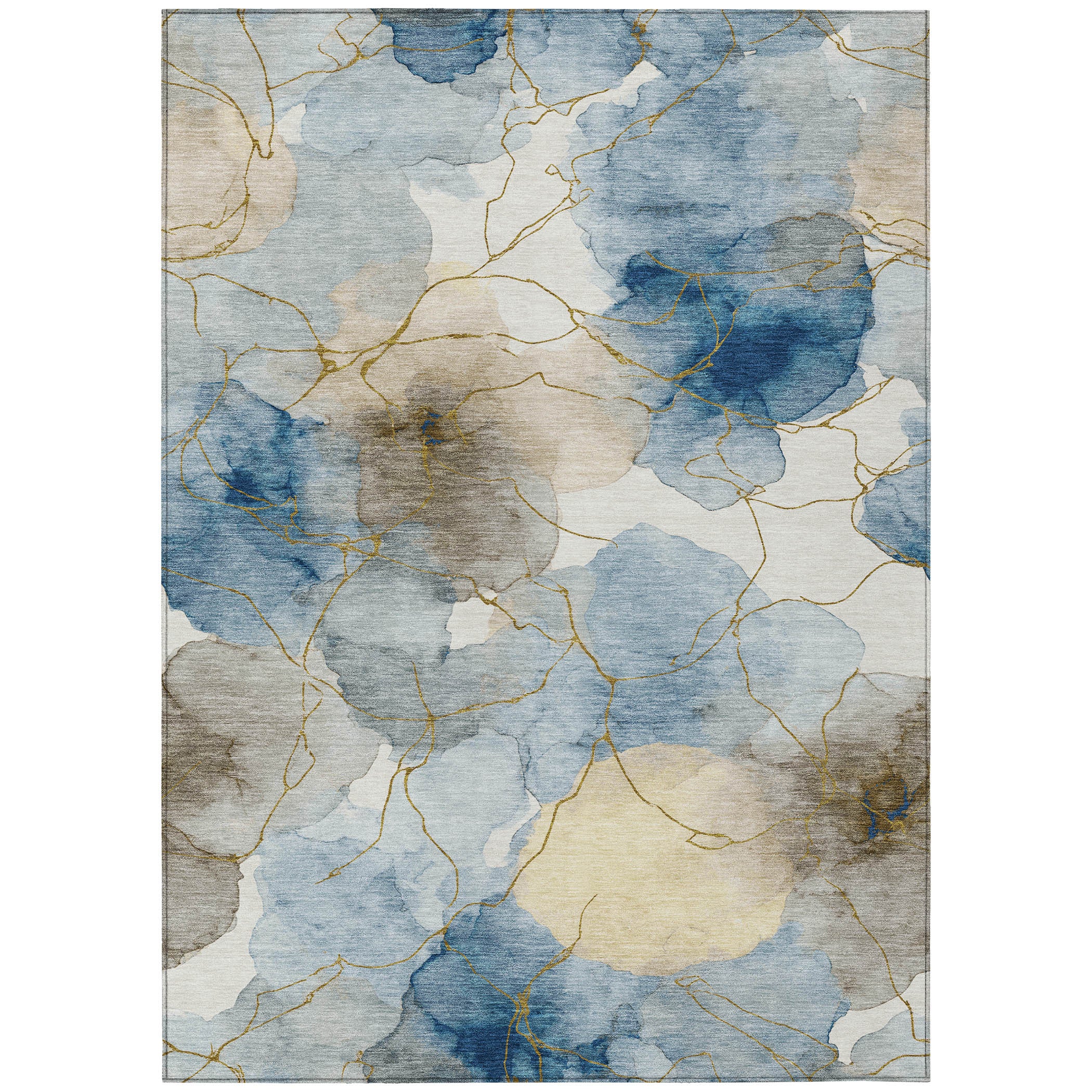 Blue and beige abstract area rug with gold accents, featuring watercolor-style floral patterns on a light background.