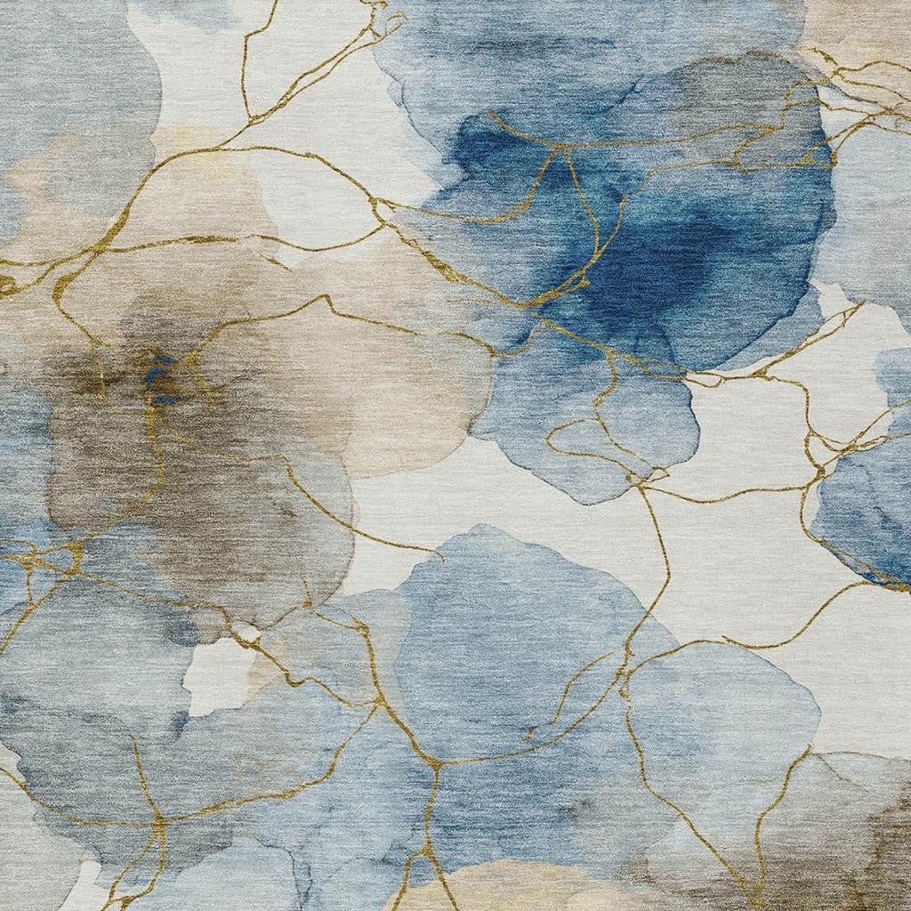10' X 14' Sky Blue And Denim Blue Abstract Washable Indoor Outdoor Area Rug - Outdoor | blocked-missing-media,…