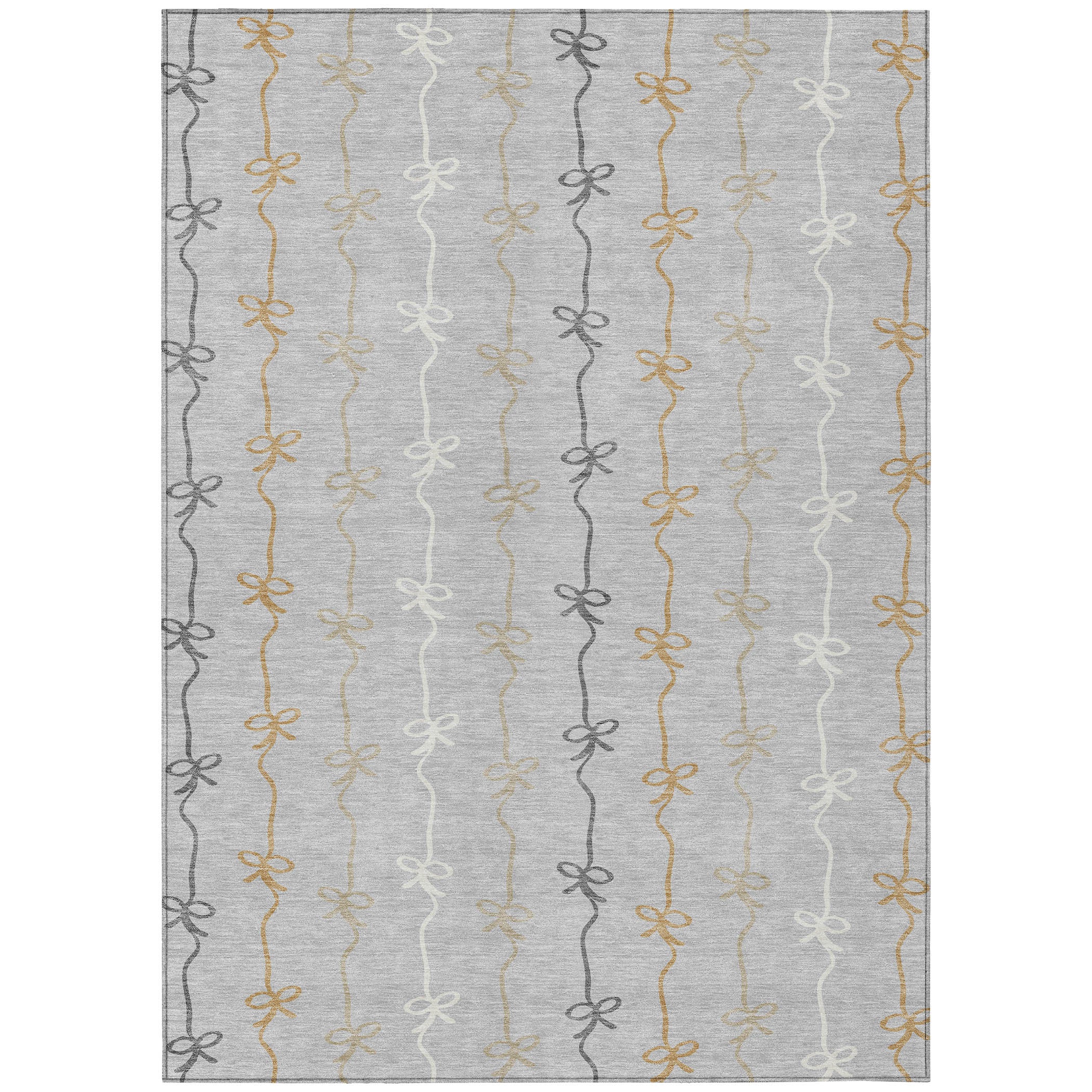 Gray area rug with a whimsical bow pattern in beige, gold, and silver tones, made from soft, durable materials.