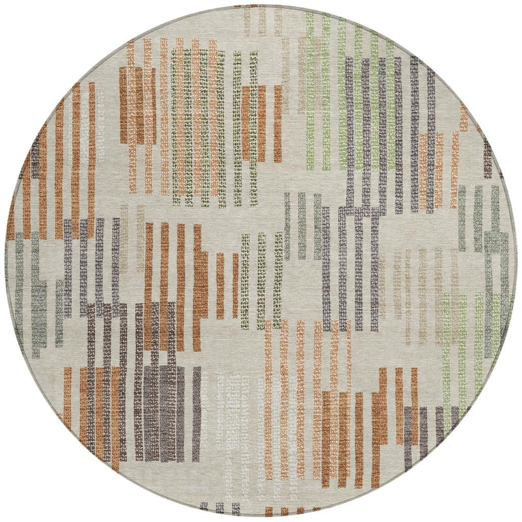 8' Beige And Charcoal Round Striped Washable Indoor Outdoor Area Rug - Sports & Outdoor