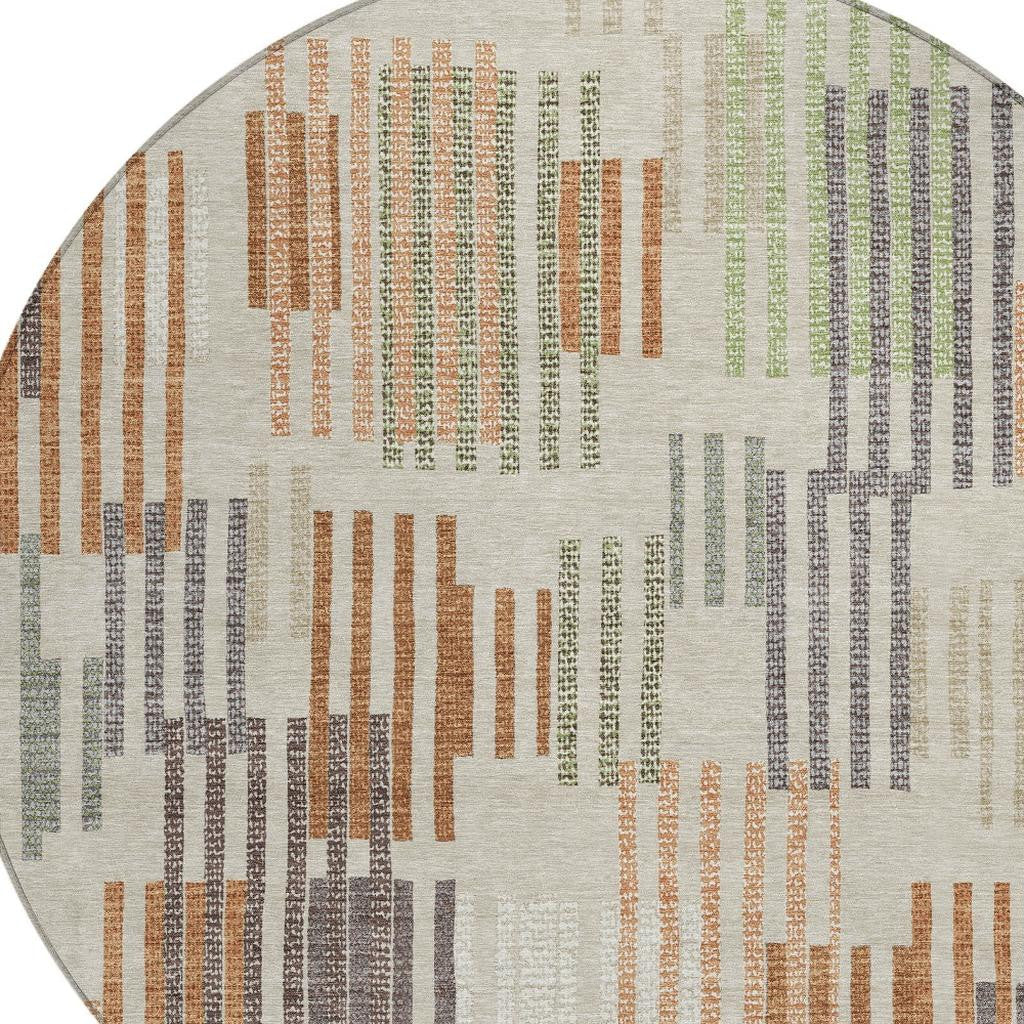 8' Beige And Charcoal Round Striped Washable Indoor Outdoor Area Rug - Sports & Outdoor
