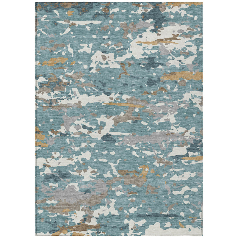 Teal blue and ivory abstract camouflage area rug, rectangular with thin border