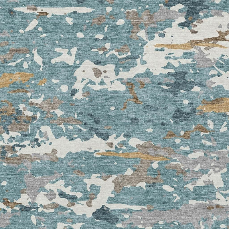 Teal blue and ivory abstract camouflage washable indoor/outdoor area rug surface view