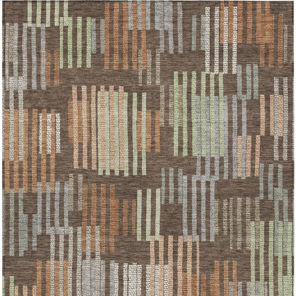 10' X 14' Coffee And Orange Striped Washable Indoor Outdoor Area Rug - Sports & Outdoor