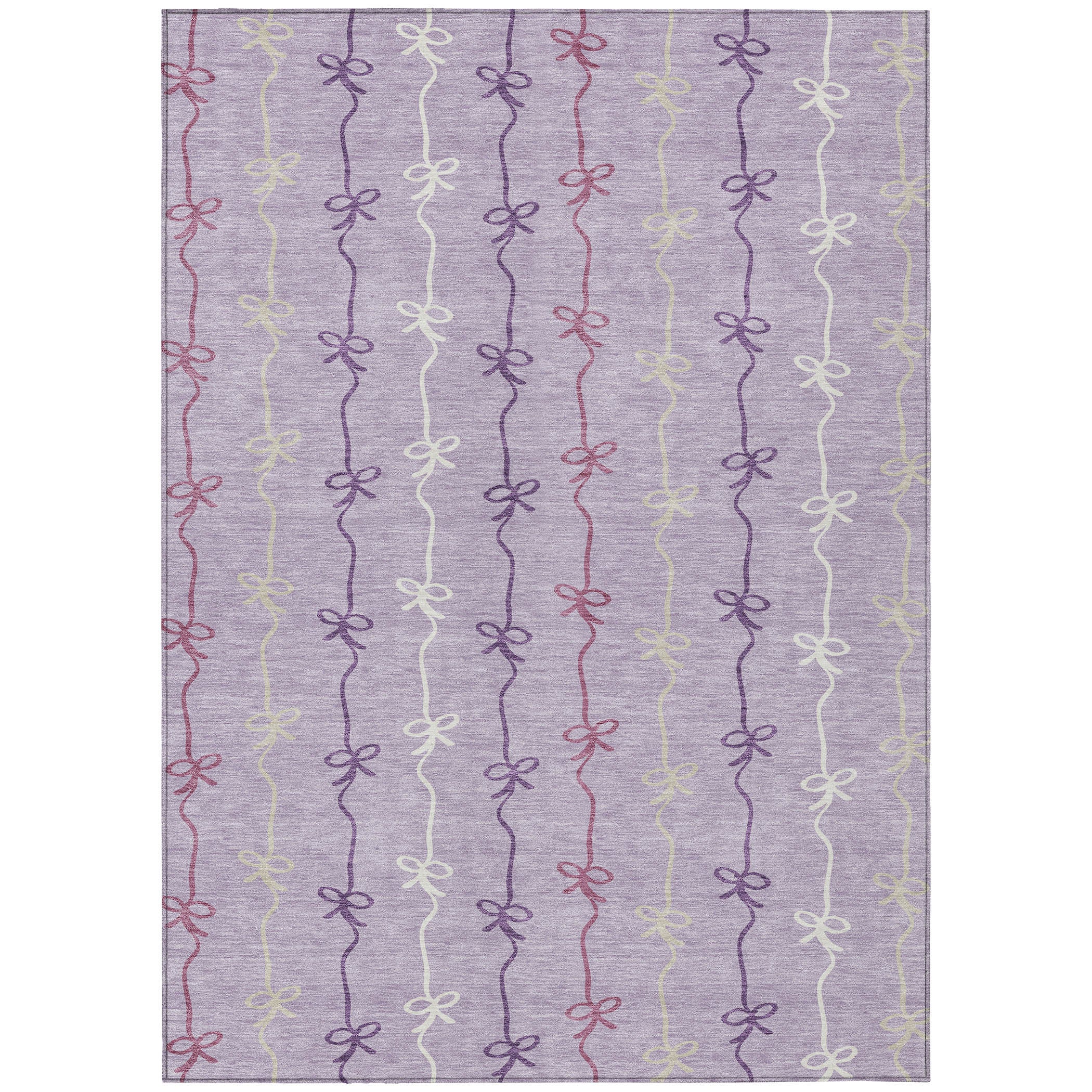 Purple patterned area rug featuring pastel bows, crafted from soft synthetic fibers for a playful, cozy accent.
