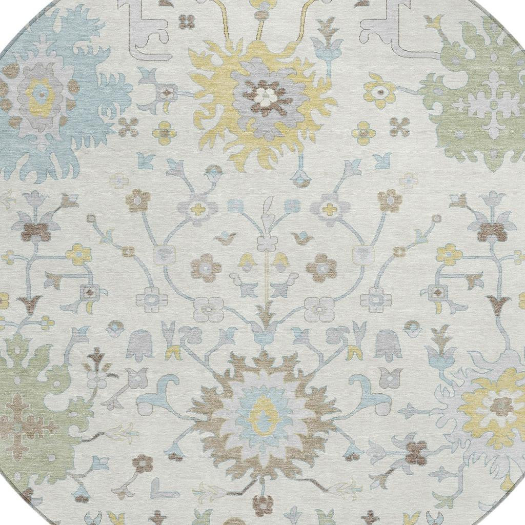 8' Ivory And Green Round Faux Bois Washable Indoor Outdoor Area Rug - Sports & Outdoor