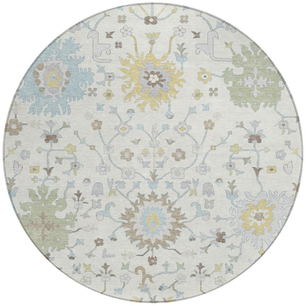 8' Ivory And Green Round Faux Bois Washable Indoor Outdoor Area Rug - Sports & Outdoor