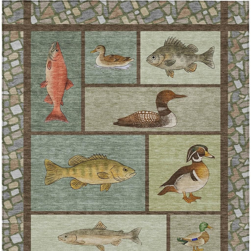 Indoor/outdoor area rug showing fish, bird, and loon motifs in teal, cream, and brown