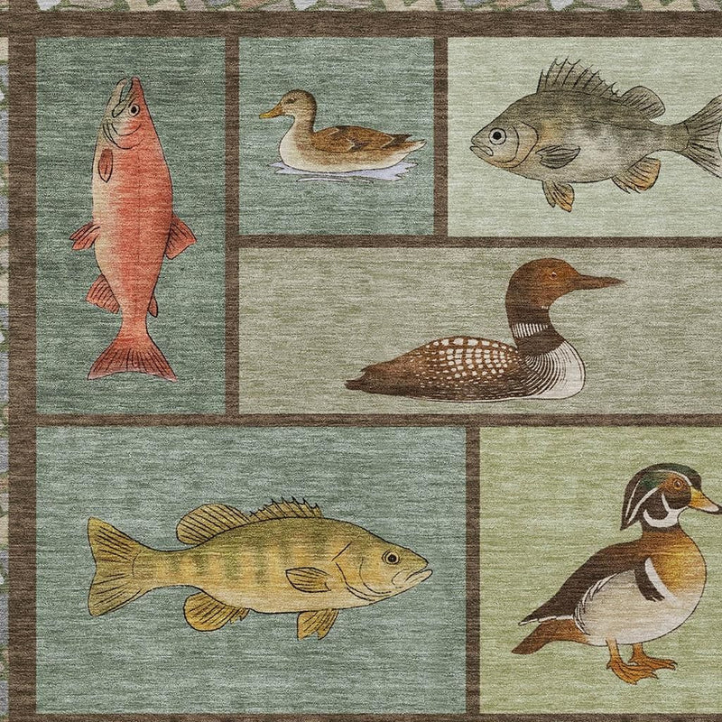 Indoor/outdoor area rug close-up with fish and duck illustrations in teal and tan blocks