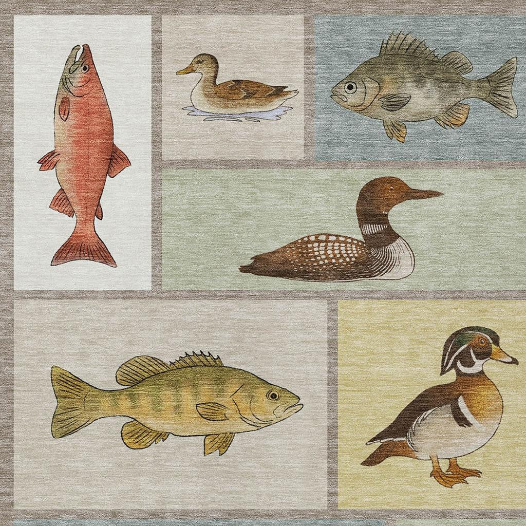Colorful fish and duck-themed area rug, featuring red, gray, and earthy tones, crafted from durable, soft fibers.