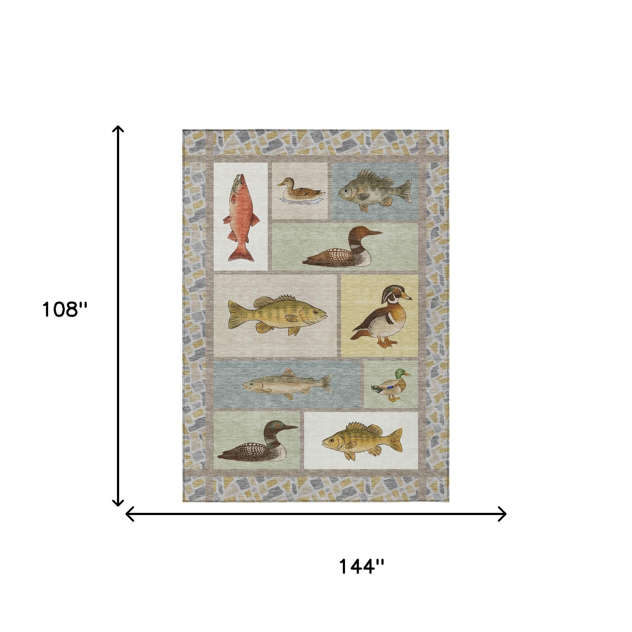 Colorful fish-themed area rug, 9x12 feet, made of durable fibers with a vintage mosaic border. Perfect for rustic decor.