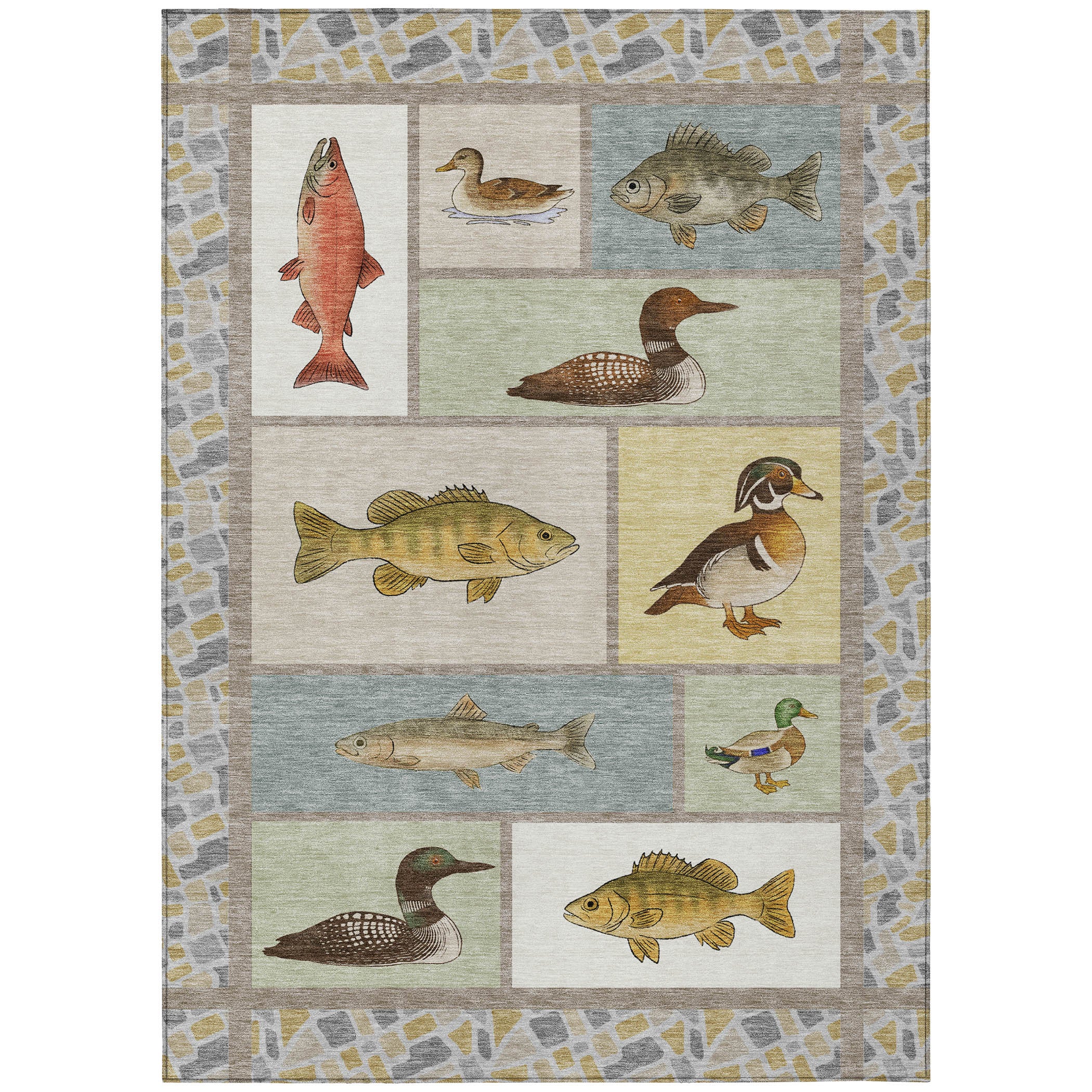Colorful fish and duck patterned area rug, featuring a blend of greens, browns, and blues in a rustic style.