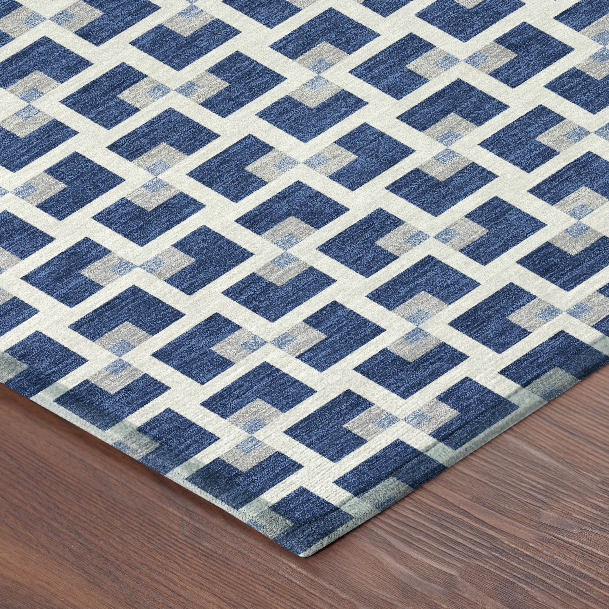9' X 12' Navy Blue And Ivory Geometric Washable Indoor Outdoor Area Rug - Outdoor