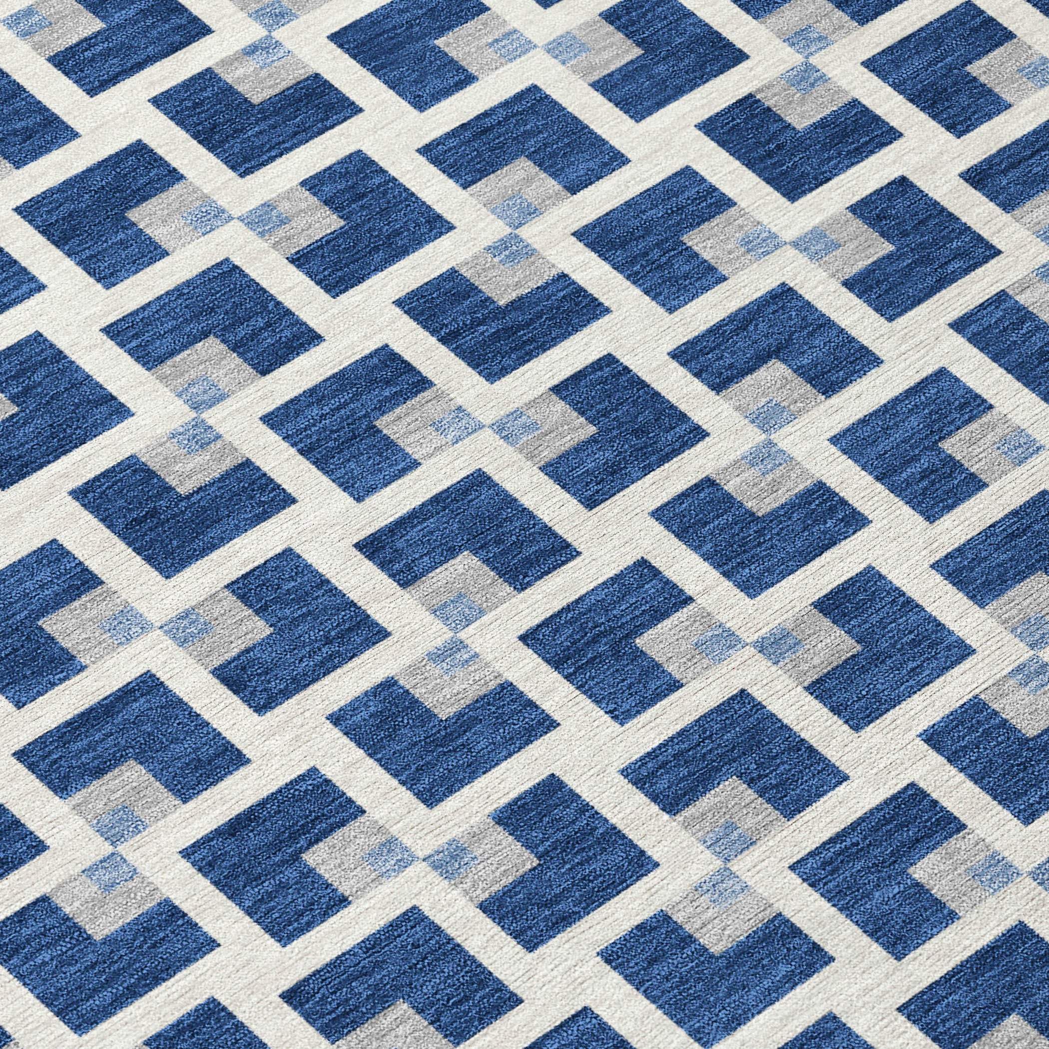 9' X 12' Navy Blue And Ivory Geometric Washable Indoor Outdoor Area Rug - Outdoor
