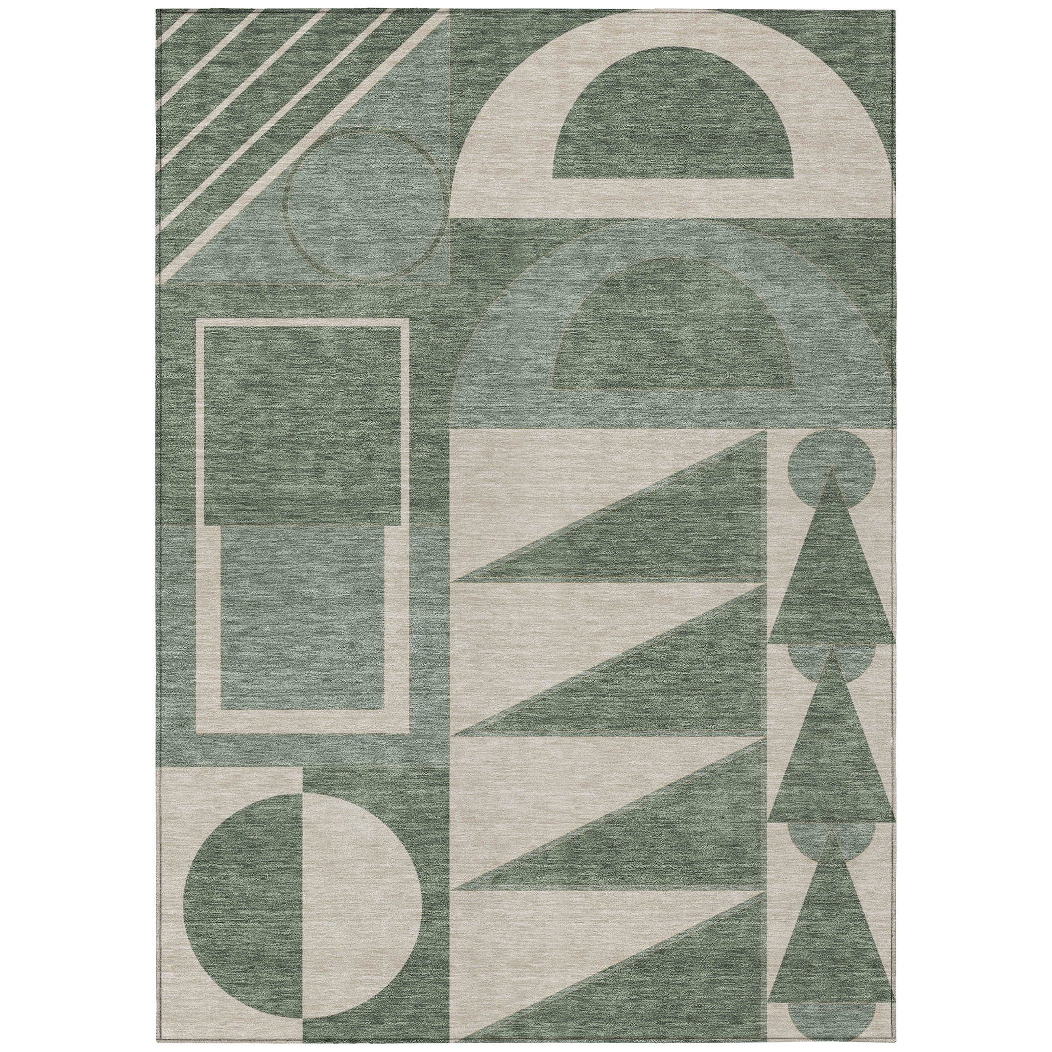 Green and cream geometric area rug with abstract shapes and lines, perfect for modern home decor.