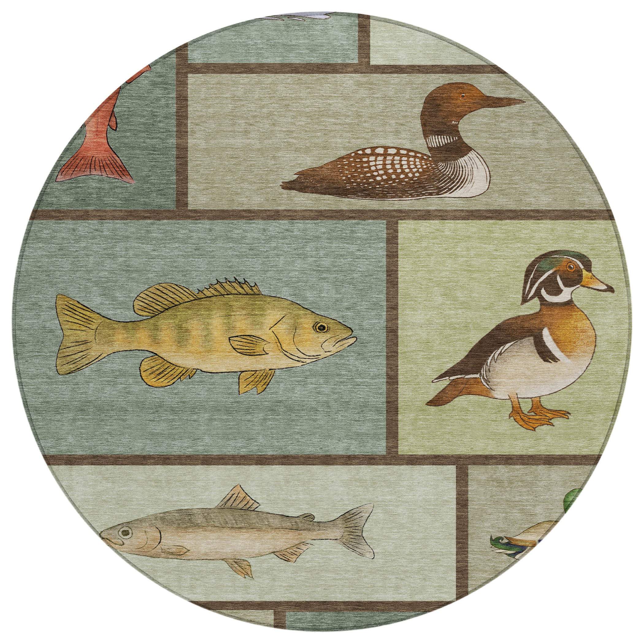 Circular area rug featuring colorful fish and waterfowl illustrations on a textured green and beige background.