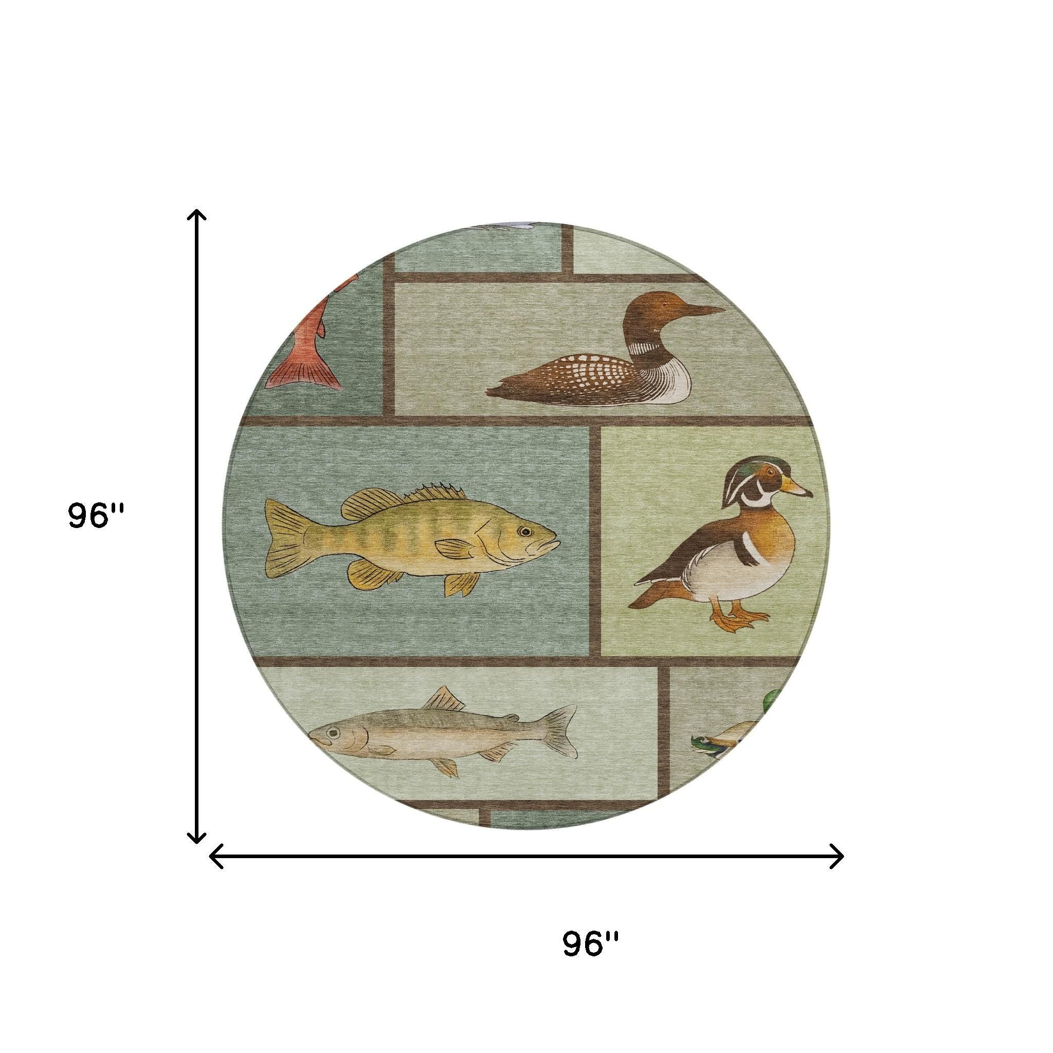 Round area rug, 96" diameter, featuring vintage-style fish and duck illustrations in muted green and earth tone colors.