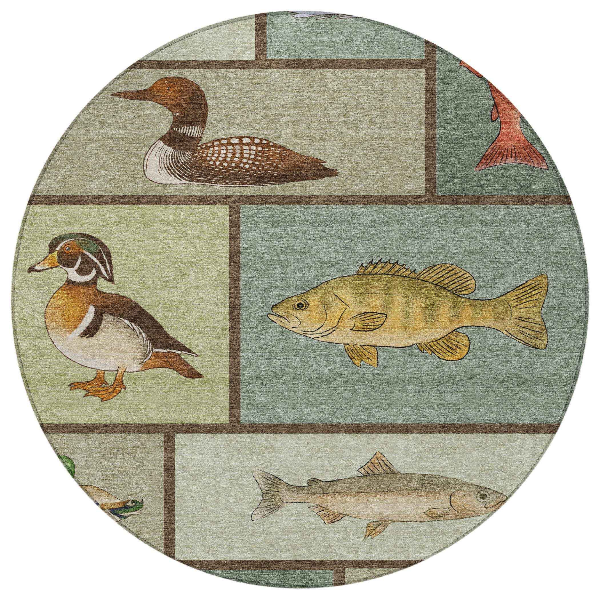 Vintage-inspired round rug featuring illustrations of fish and a duck in earthy tones on a textured background.