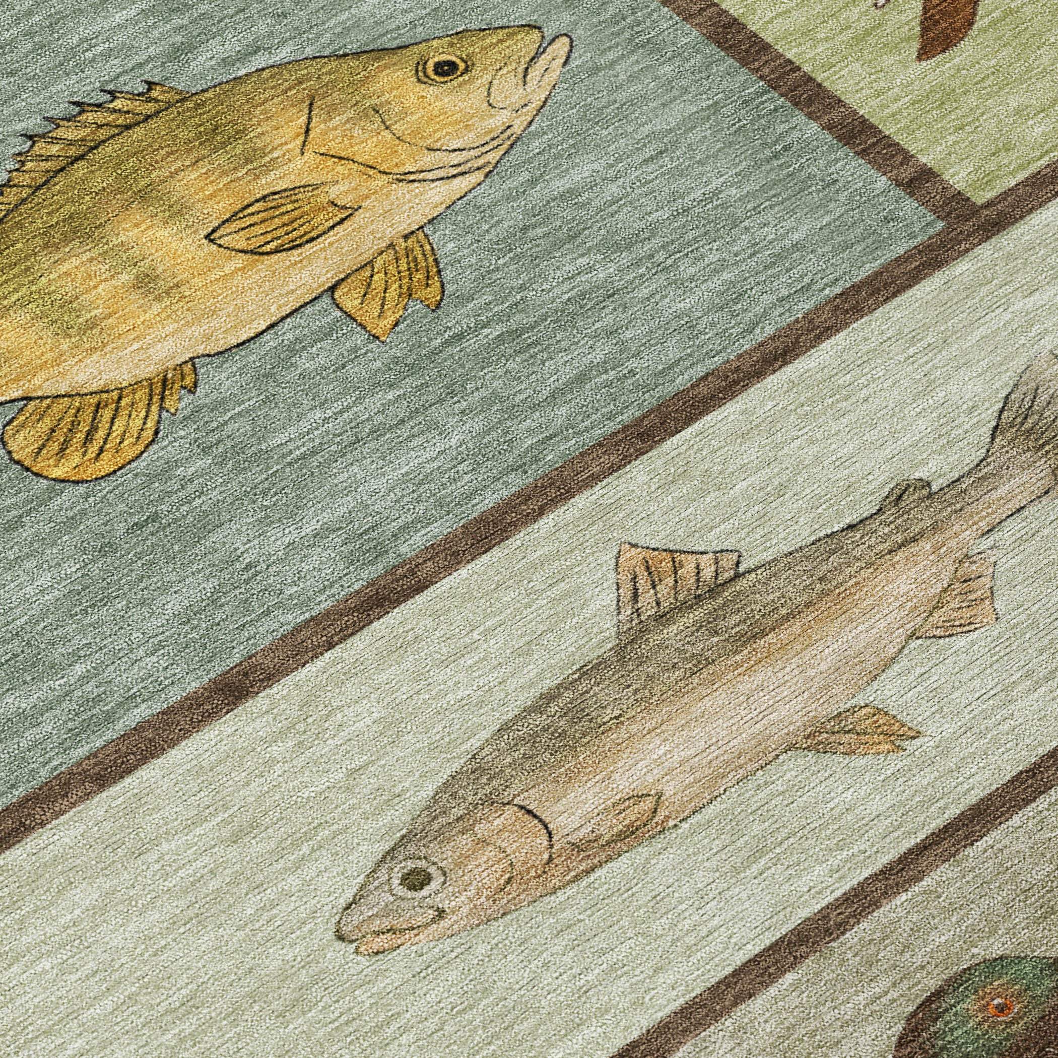 Illustrative fish rug in green and cream, featuring detailed depictions of trout and bass, perfect for rustic decor.