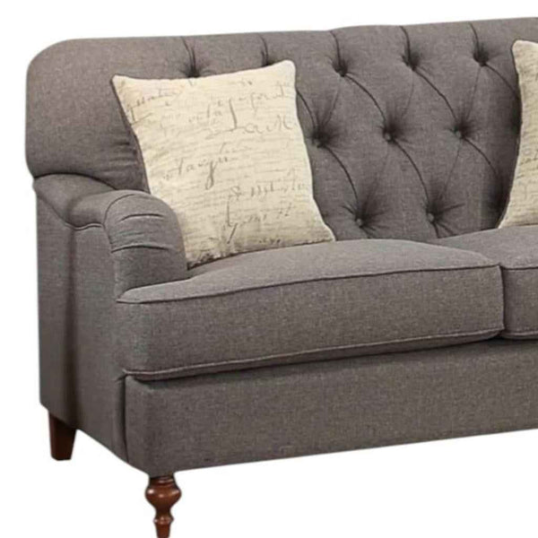 61" Dark Gray And Brown Linen Curved Loveseat and Toss Pillows