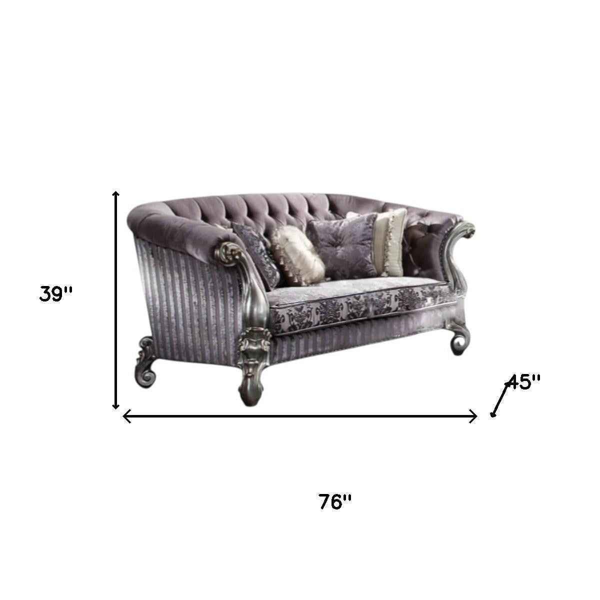 76" Purple And Platinum Velvet Loveseat and Toss Pillows