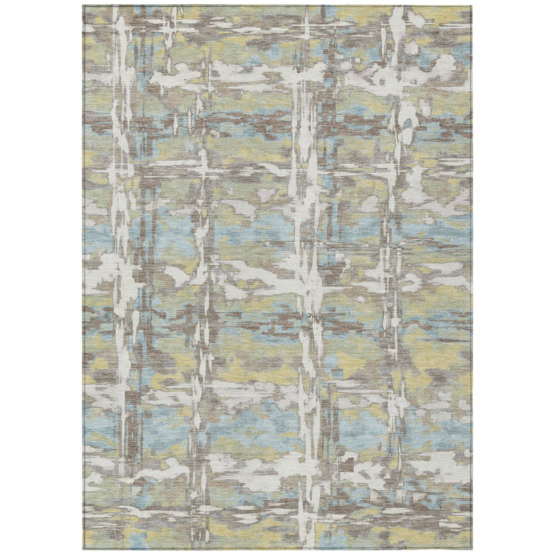 Abstract area rug flatlay with muted green, yellow, and ivory distressed line pattern