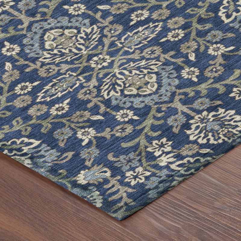 Navy blue area rug with floral pattern in cream and green, crafted from soft, durable materials.