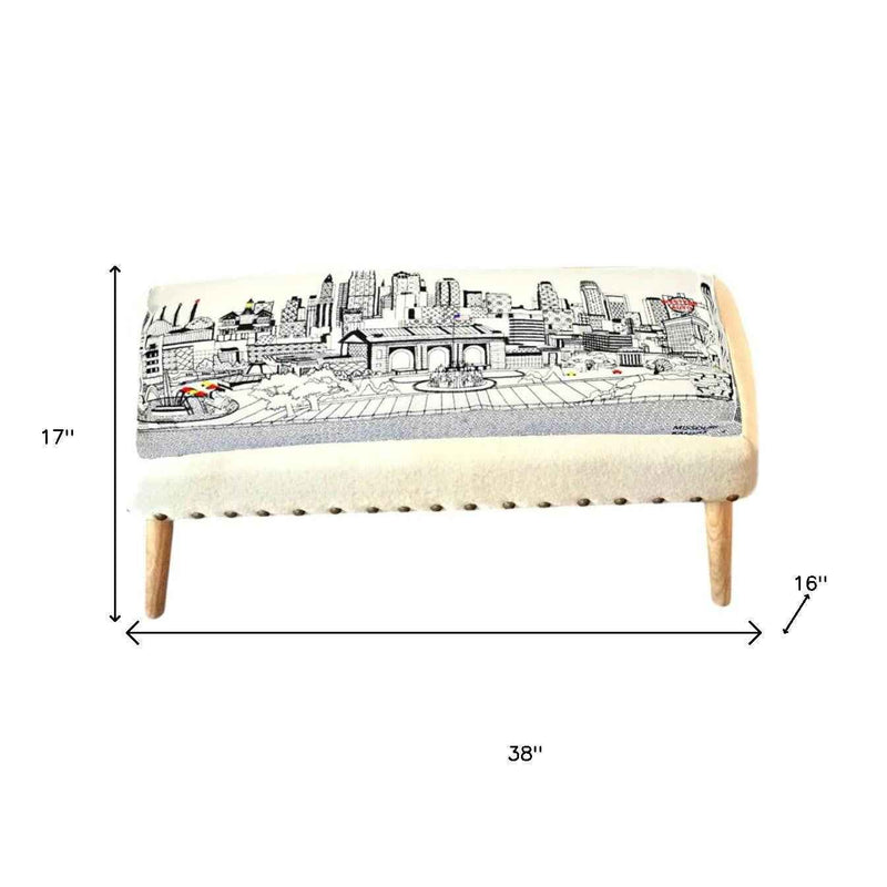 38" Cream Wool And Brown Ottoman