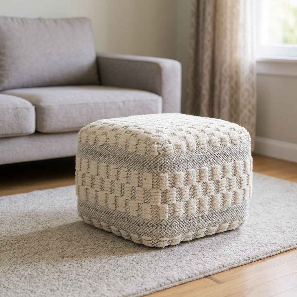 18" Beige Geometric Pouf Ottoman